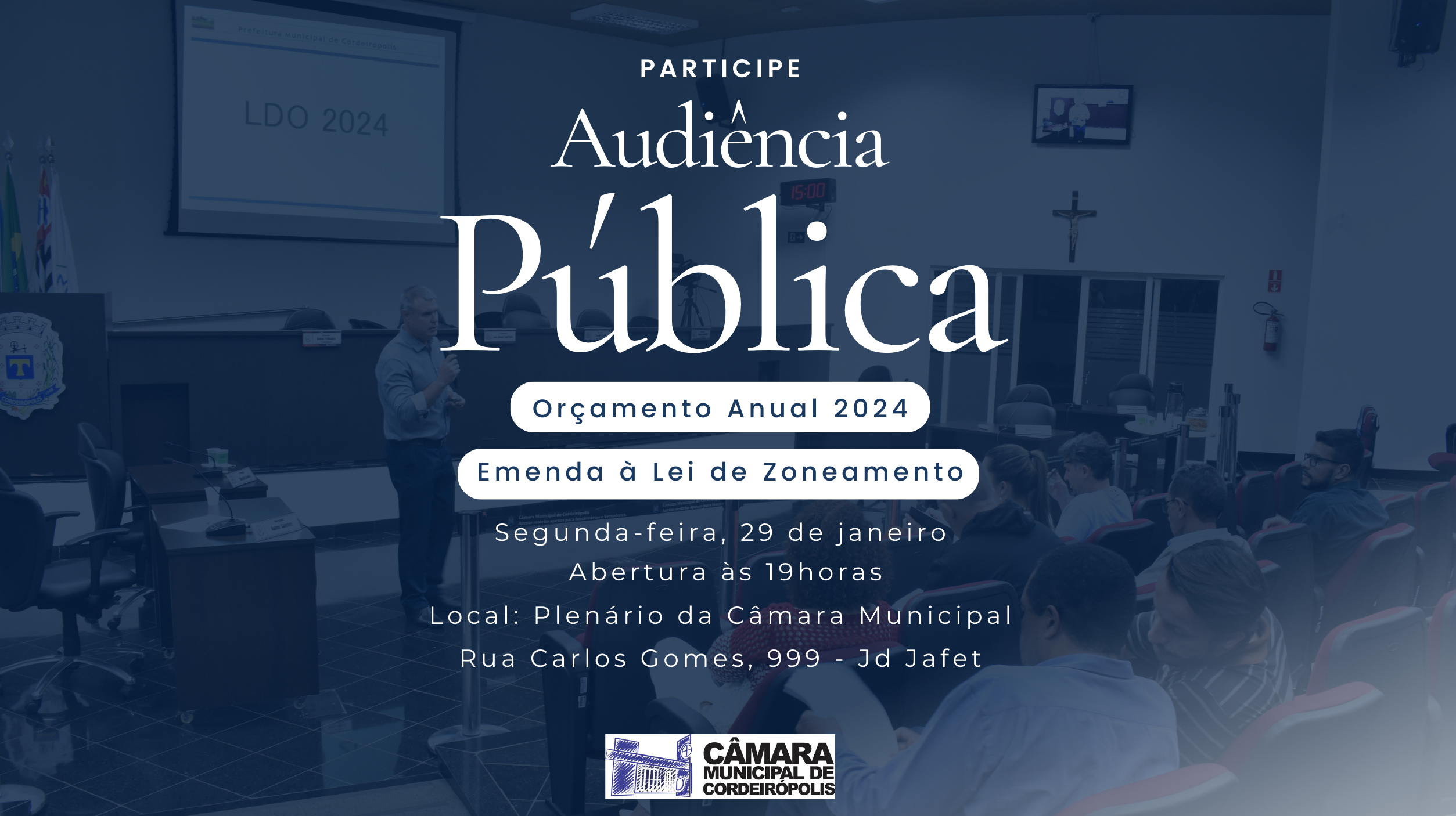 Imagem da notícia: Audiência Pública sobre Orçamento 2024 e Zoneamento Municipal