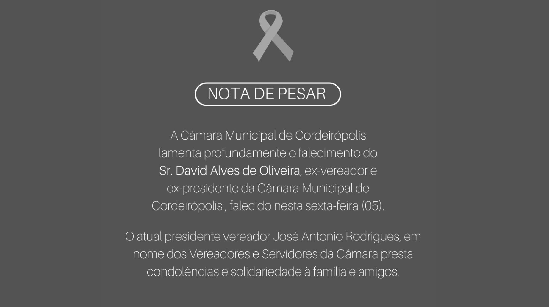 Imagem da notícia: Morre aos 88 anos, o ex-presidente da Câmara, Sr. David Alves de Oliveira